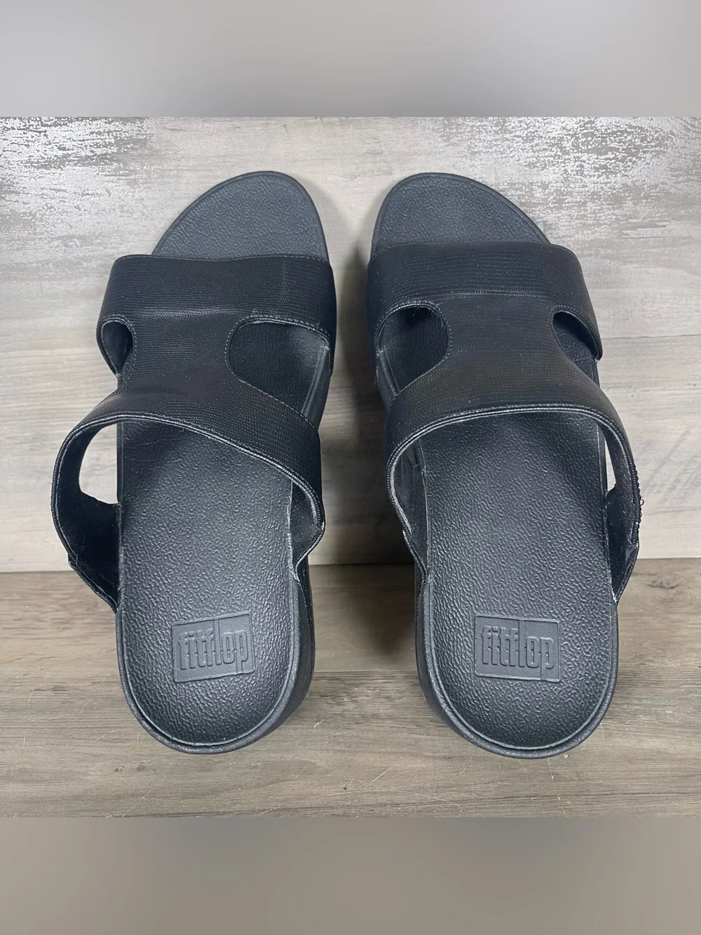 FitFlop H Bar Womens 8 Black Comfort Sandals Strappy Slide Casual Wedge Slip On
